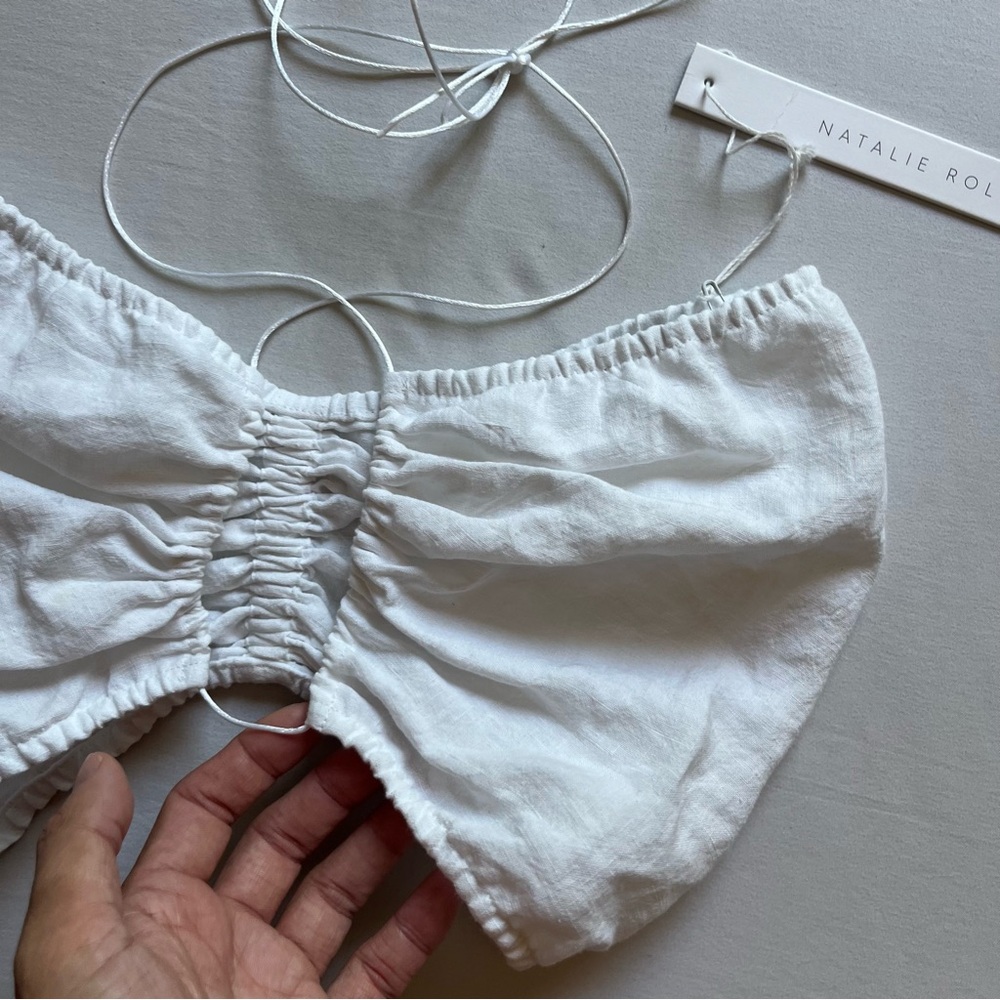 Nwt Natalie Rolt White Linen Ruched Cropped Halter Neck Cropped Top — image 2 of 5
